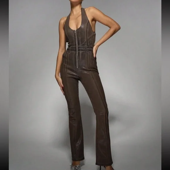 Brown Zipper front Halter Coated Denim Flare Hem Stretchy thick Jumpsuit - Picture 2 of 8